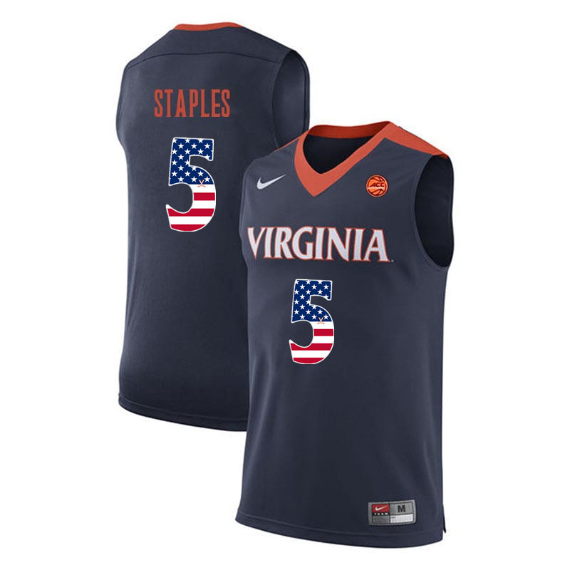 Men Virginia Cavaliers #5 Curtis Staples College Basketball USA Flag Fashion Jerseys-Navy - Click Image to Close
